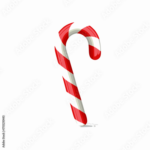Vector illustration of striped red and white candy cane, isolated on white background, clean vector art