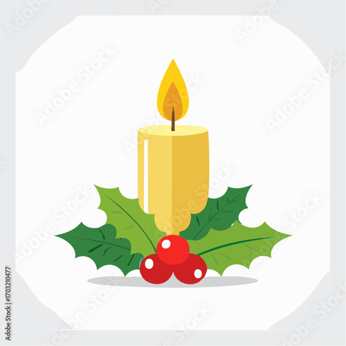 Vector illustration of a burning Christmas candle with a small flame, decorated with holly leaves, flat style