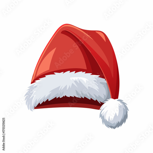 Vector illustration of a classic red Santa hat with fluffy white trim, simple and clean design, isolated on white background, flat style