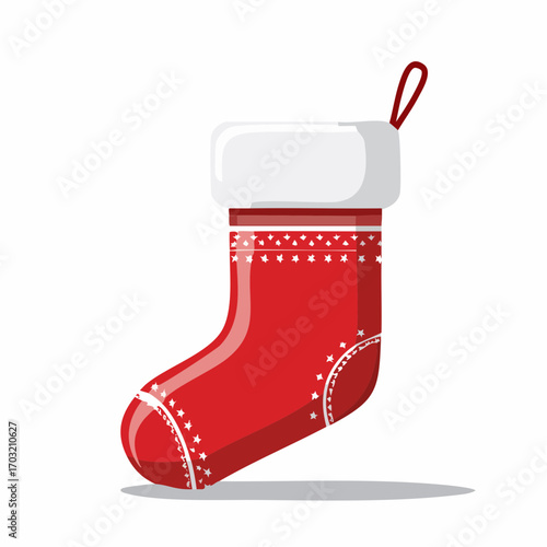 Vector illustration of a classic red Christmas stocking with white trim, flat style, isolated