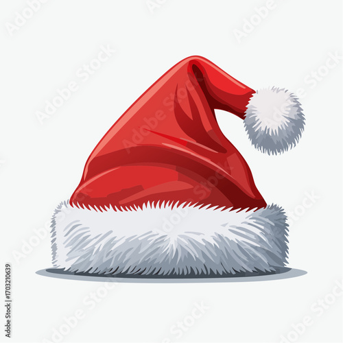 Vector illustration of a classic red Santa hat with fluffy white trim, simple and clean design, isolated on white background, flat style