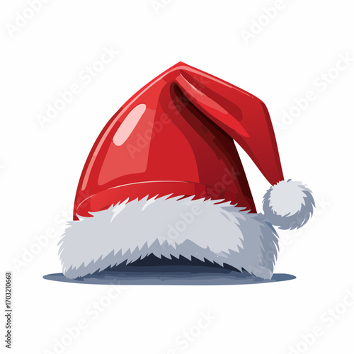 Vector illustration of a classic red Santa hat with fluffy white trim, simple and clean design, isolated on white background, flat style