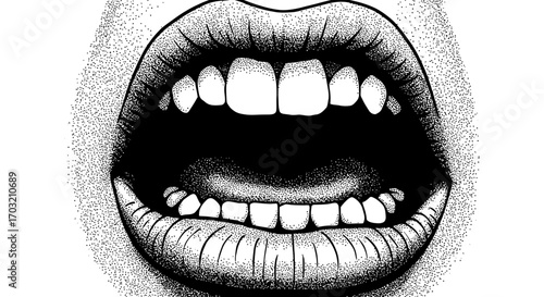 Open mouth with teeth stipple effect, vector illustration, design element