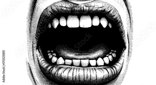 Detailed stippled illustration of a screaming mouth with visible teeth and tongue