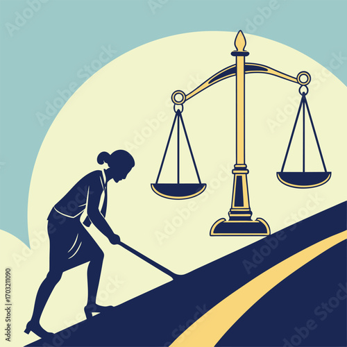 Woman pushing uphill towards justice scales representing legal profession.
