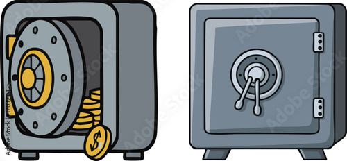 Open safe reveals a pile of gold coins, while a closed safe stands nearby, symbolizing security and wealth management in a financial context.