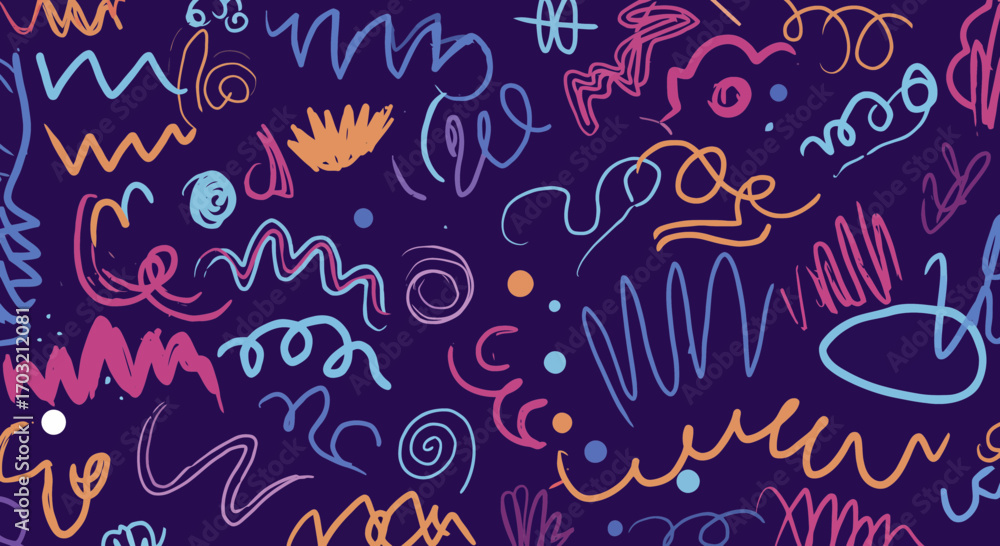 Fototapeta premium Colorful abstract hand-drawn doodle pattern on dark background, fun and playful design
