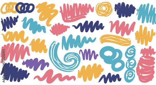 Vibrant abstract hand-drawn doodles set featuring colorful strokes and playful scribbles