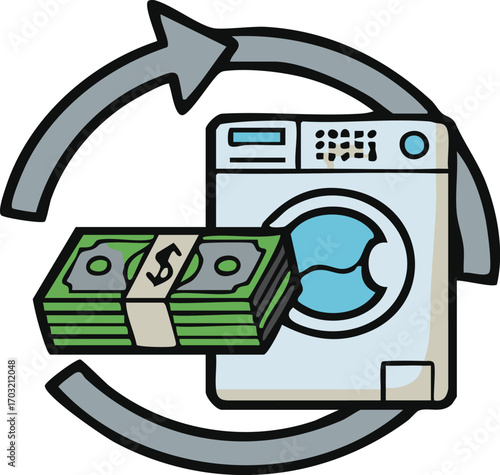 Money laundering process depicted with cash and washing machine surrounded by recycling arrow, representing financial crime and illegal activity.