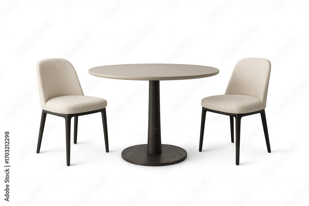 Obraz premium Beige-upholstered chairs flanking round dining table, dark brown wooden legs, white background supporting modern interior design concept