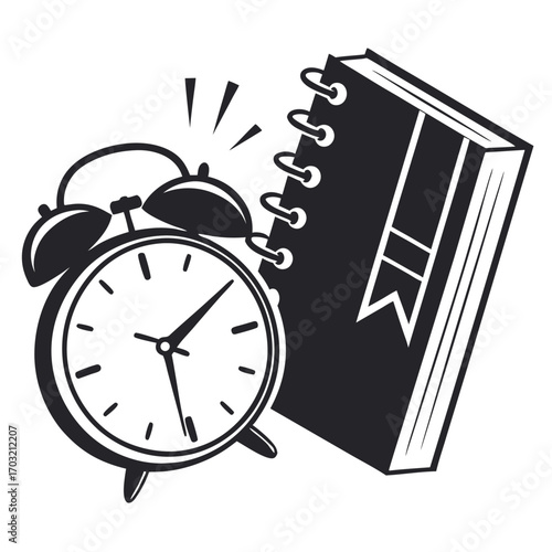 Alarm clock and notebook symbolizing education and time management.