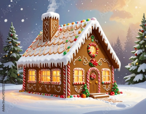 Festive gingerbread house in snowy forest at twilight