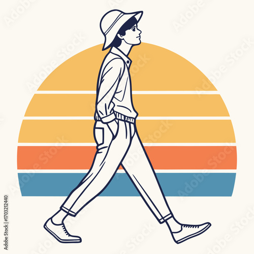 Line art illustration of a stylish person walking forward.