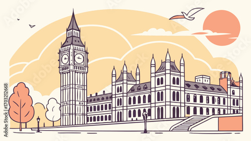 Illustration of the Houses of Parliament and Big Ben in London.