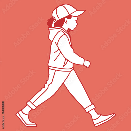 Young girl in casual clothing and baseball cap walking confidently.