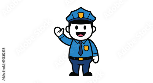 Friendly cartoon police officer waving hello with a smile