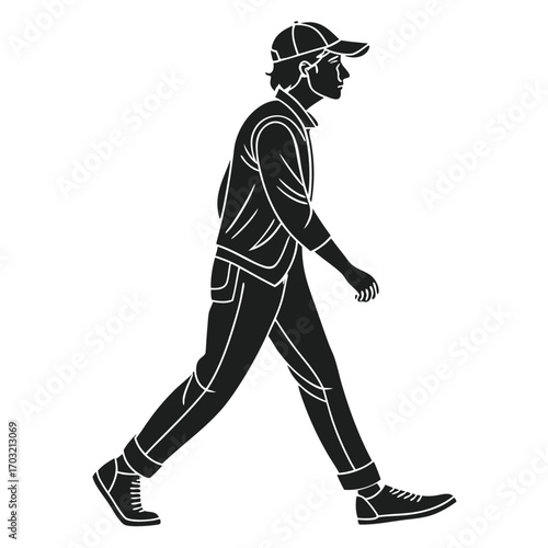 Walking man side profile silhouette illustration.