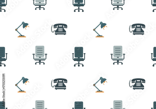 A seamless repeating pattern of office equipment including chairs, desk lamps, and vintage rotary telephones on a white background.