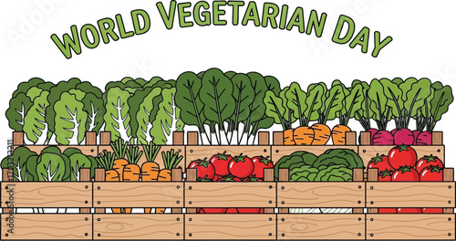 World vegetarian day with fresh vegetables in wooden crates healthy food concept design