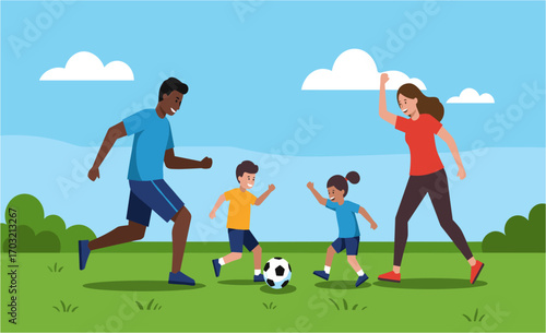 A diverse family enjoys a sunny day playing soccer together in a grassy park, promoting active lifestyle and outdoor fun for all ages.