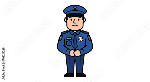 Cartoon police officer in uniform standing with hands clasped