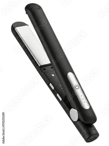 Black cordless hair straightener with ceramic plates and LEDs on a transparent background