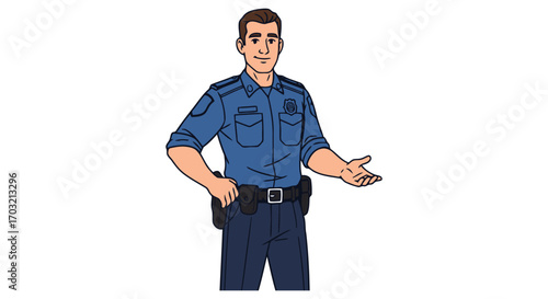 Friendly police officer in uniform offering assistance with a welcoming gesture