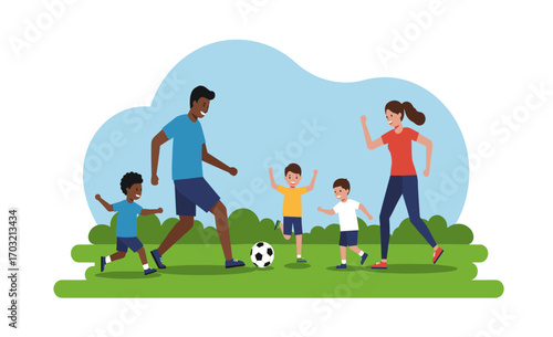 A happy diverse family, including a father, mother, and three young children, joyfully plays soccer together on a sunny green field outdoors.