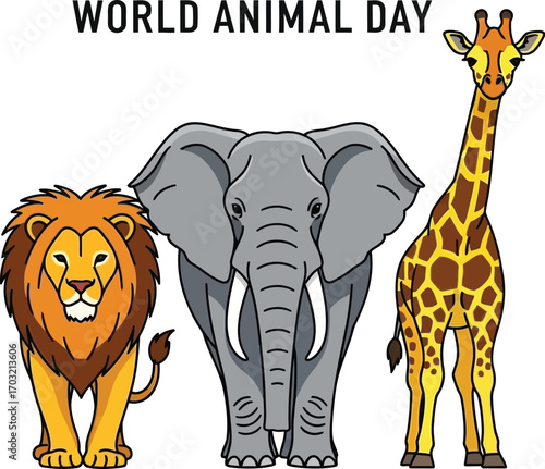 World animal day with lion, elephant and giraffe vector illustration of wild animals
