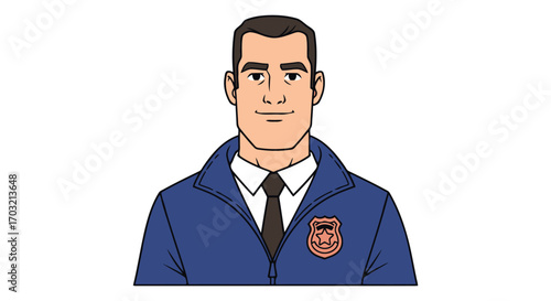 Cartoon man in blue jacket and tie with emblem