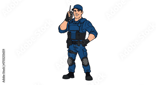 Law enforcement officer in uniform communicating with radio