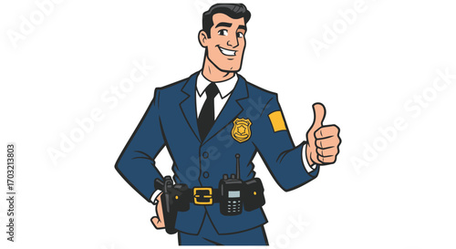 Smiling police officer gives thumbs up in uniform