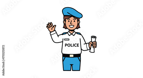 Friendly cartoon police officer waving and holding a rolled document