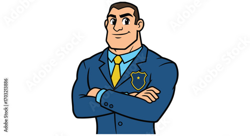 Cartoon police officer standing confidently with arms crossed