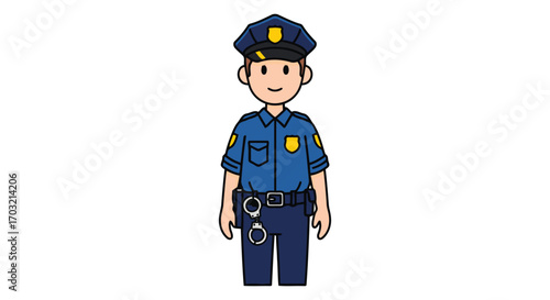 Cartoon police officer standing proudly in uniform with badge and handcuffs