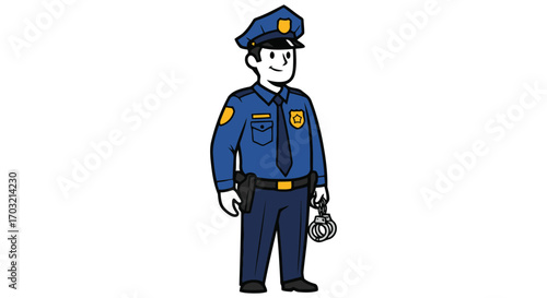 Cartoon police officer standing firmly holding handcuffs