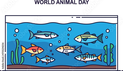 World animal day illustration with fishes in aquarium vector illustration in flat style