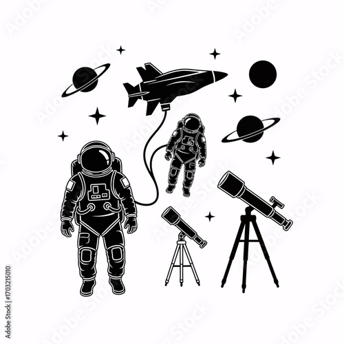 Astronauts explore the cosmos near planets, stars, and telescopes, dreaming of space discovery.