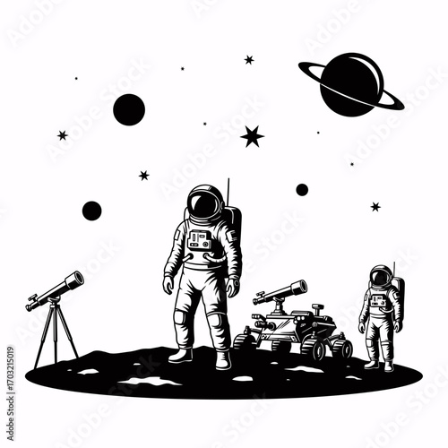 Astronauts explore lunar surface with rover and telescopes, discovering distant planets and stars