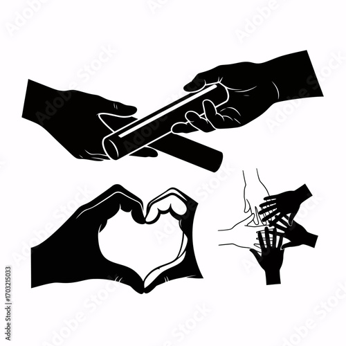 Seamless collaboration and unity depicted through hands passing baton, forming heart, and joining together