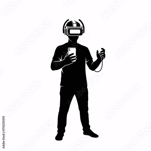 Modern person immersed in virtual reality headset holding smartphone and controller for immersive experience