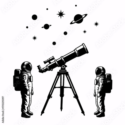 Astronauts explore the cosmos using a powerful telescope under a starry sky filled with planets