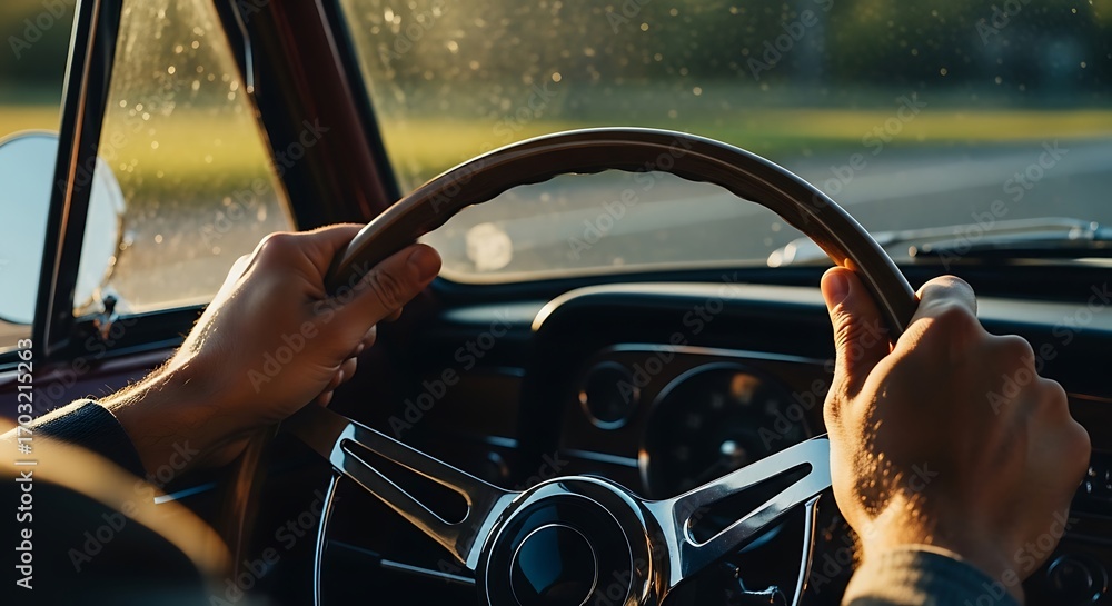 Naklejka premium Driving an authentic automobile on an open road during golden hour