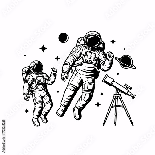 Two astronauts explore deep space with a telescope, discovering new worlds and planets among stars