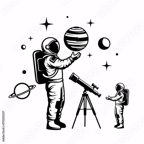Curious astronauts explore the cosmos with a telescope, reaching for planets and stars in this imaginative scene.