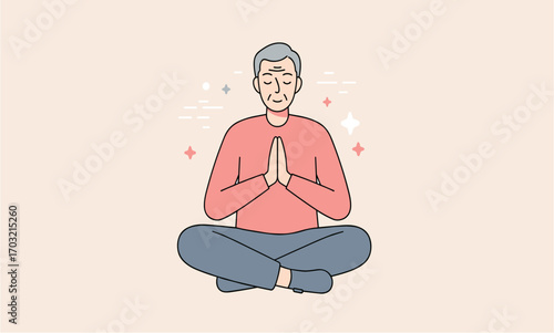 An elderly man in a pink shirt sits in the lotus position, meditating with his hands pressed together in a gesture of mindfulness and inner peace.