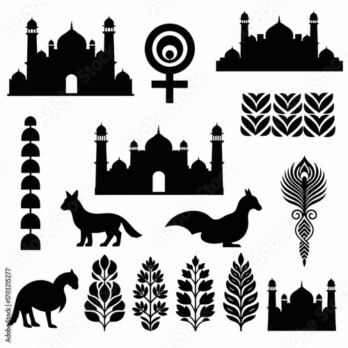 Elegant Indian architectural silhouettes, floral motifs, and animal icons create a diverse design collection.
