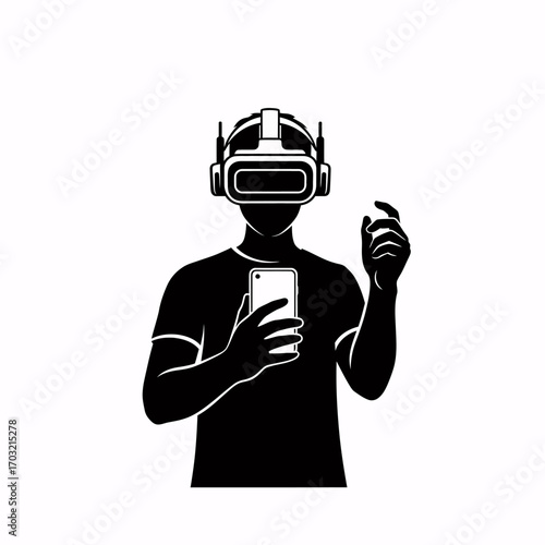 Man wearing VR headset holding smartphone interacting with digital world for immersive experiences