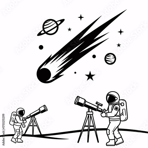Astronauts explore lunar surface observing a spectacular comet and distant planets with telescopes