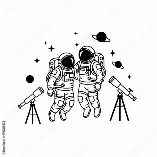 Two astronauts floating in space with telescopes and planets exploring the cosmos together